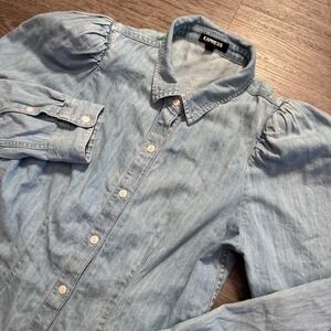 Express Shirt Womens S Blue Cotton Puff Sleeve Denim Chambray Western Preppy